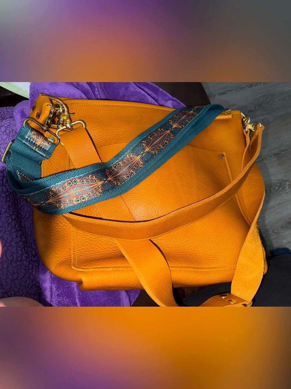 KMM & Co marigold cypress leather travel tote full grain crossbody & shoulder